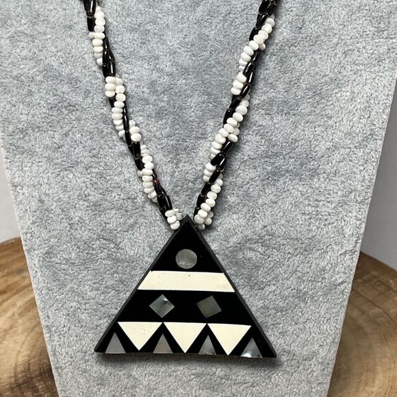 Multi Strand Braided Beaded Necklace With Shell Inlay Triangle Pendant - Picture 1 of 10